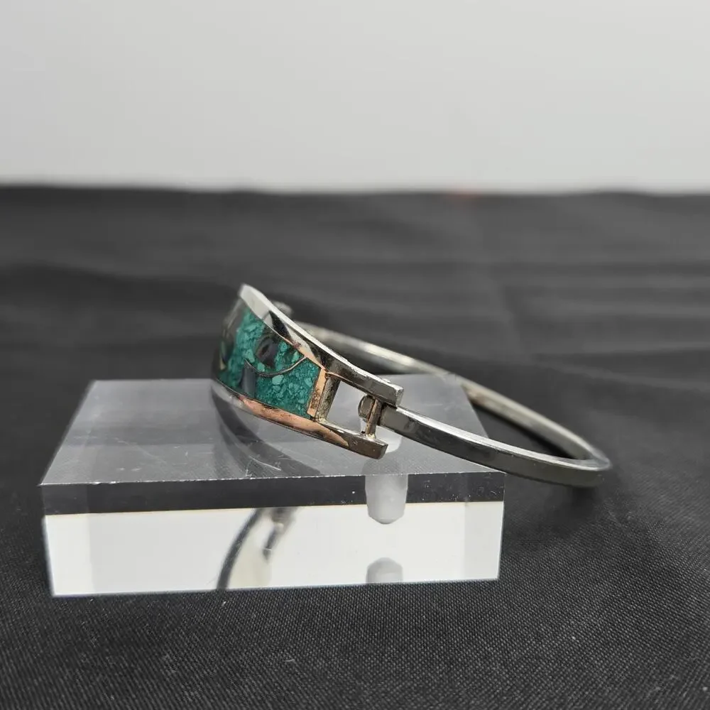 Vintage Taxco Mexico Turquoise Abalone Inlay Hinged Bracelet Silver Tone Metal - Picture 3 of 9